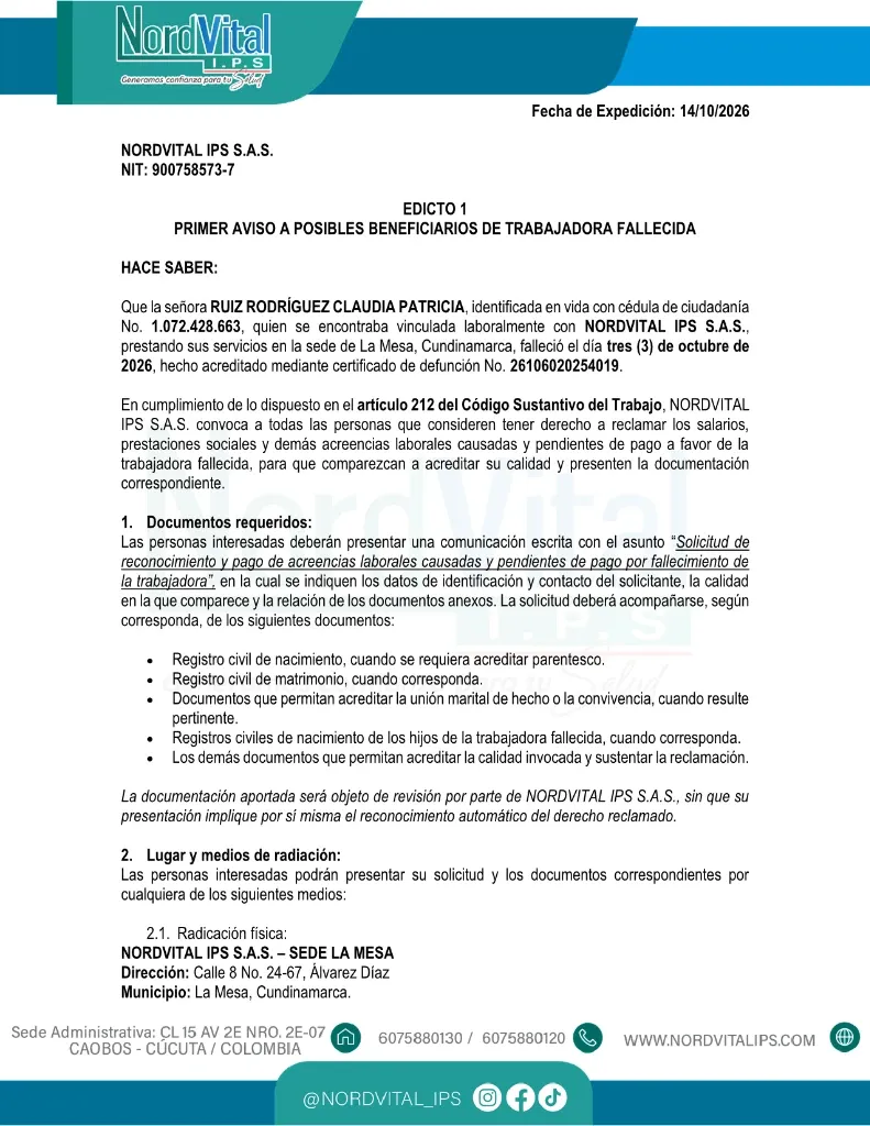 Edicto 1 - Página 1: Convocatoria a posibles beneficiarios de trabajadora fallecida