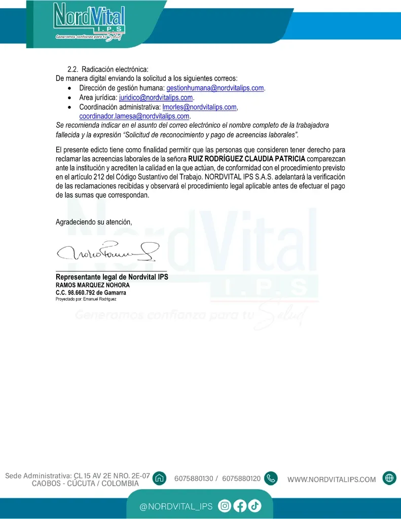 Edicto 1 - Página 2: Radicación electrónica, finalidades y firma de representante legal