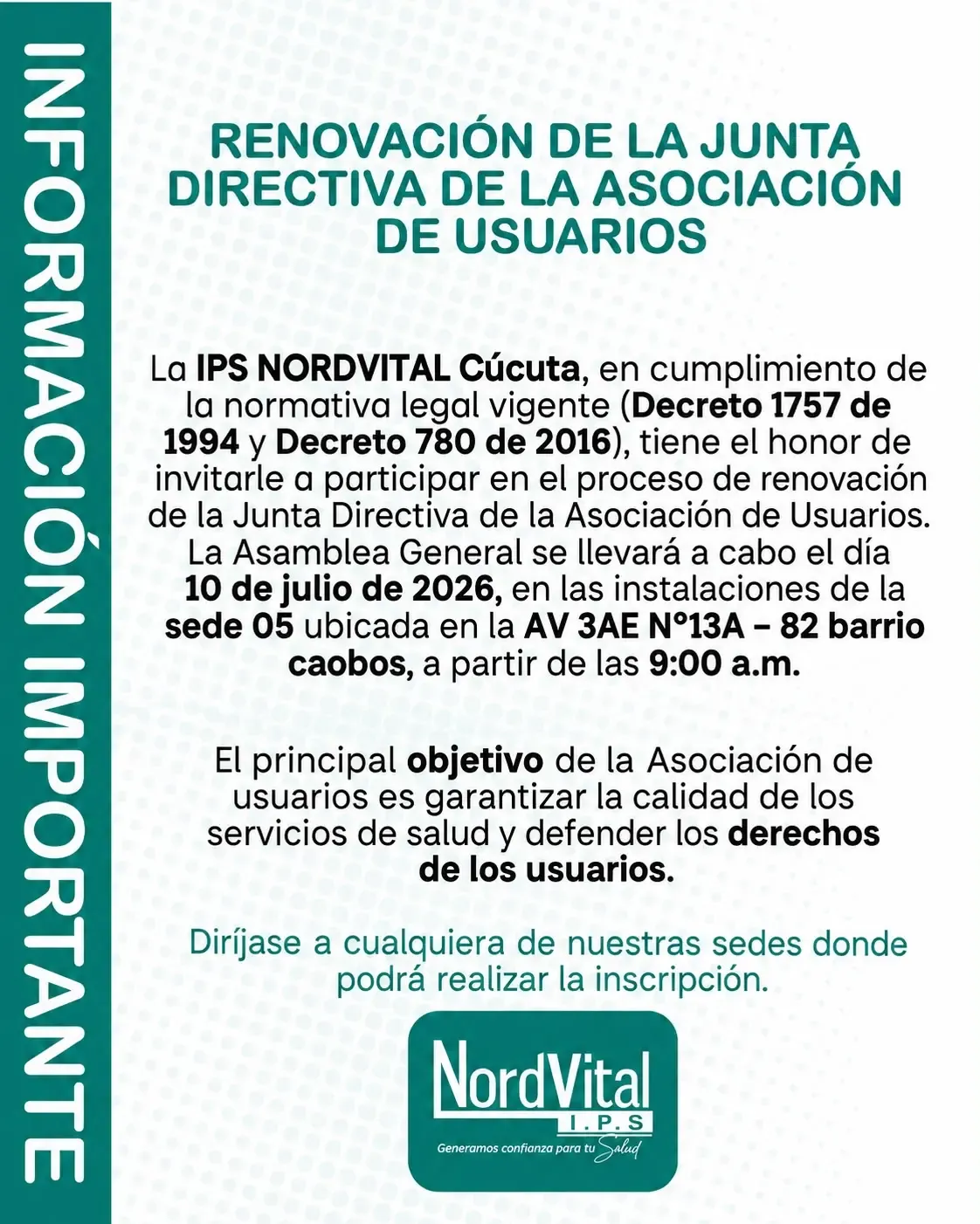 Renovación de la Junta Directiva de la Asociación de Usuarios - 10 de julio de 2026